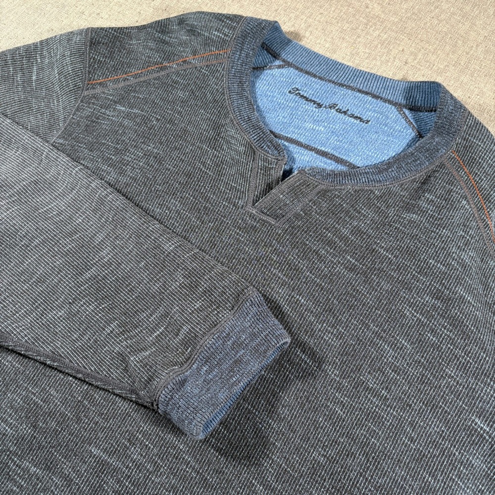 Tommy Bahama Pullover Mens XL Blue Charcoal Slub Notched Neck Raglan Sweatshirt